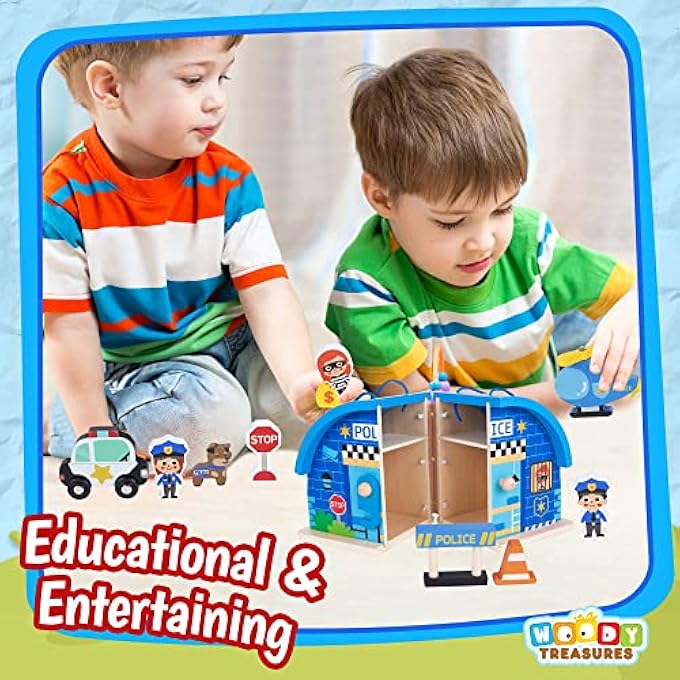 woody treasures WOODEN TOYS - 10-PIECE POLICE STATION PLAYSET FOR KIDS 3 YEARS & UP - CHILDREN'S INTERACTIVE ROLE PLAY / PRETEND PLAY - TODDLER TOYS FOR BOYS & GIRLS - WITH CARRY CASE - Image 4